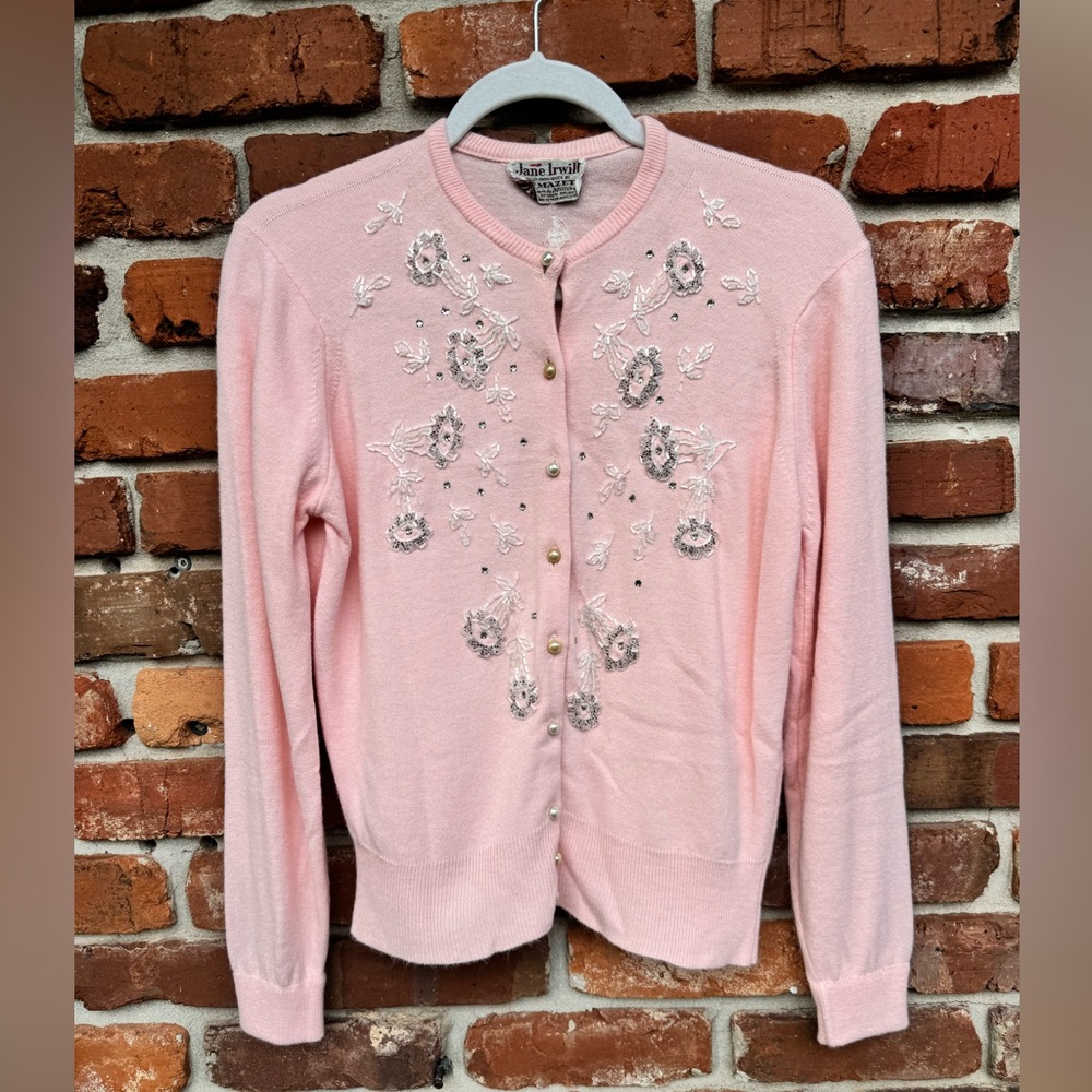 Jane Irwill Vintage Floral Pink Beaded Swarovski Faux Pearl Button Soft Cardigan - Picture 6 of 17